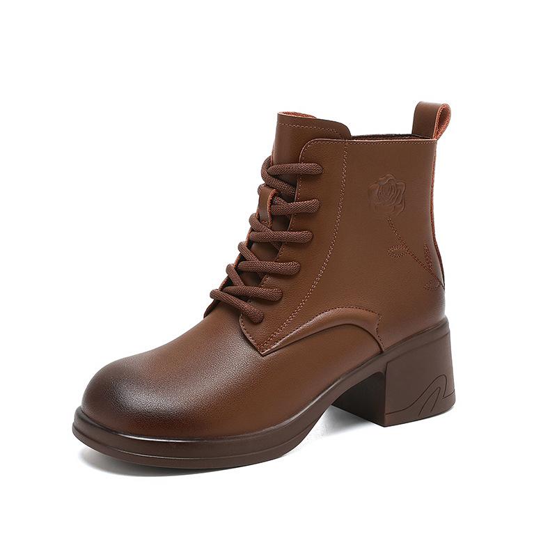 2025 leather velvet autumn and winter new women's thick heel French retro Martin boots British style platform fashion short boots