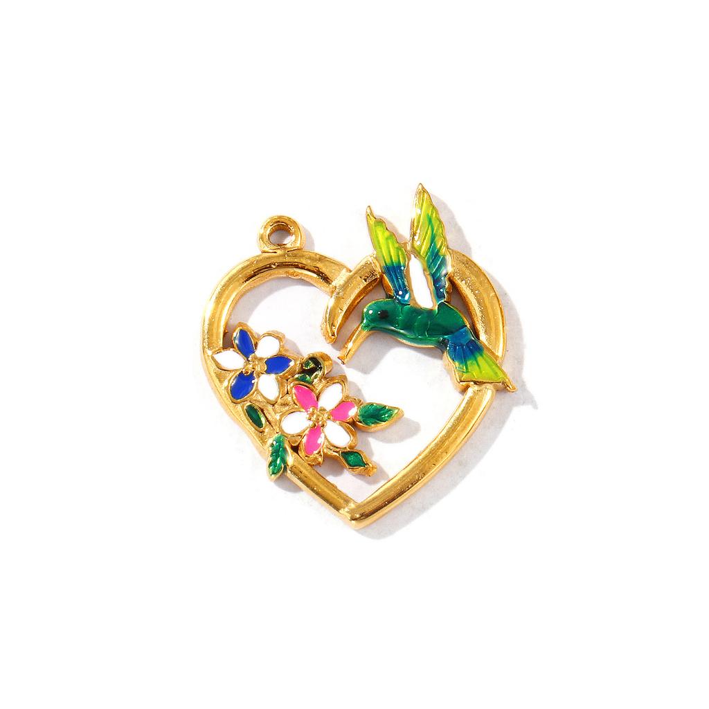 2 Pcs Waterproof 304 Stainless Steel Charms 18K Gold Plated Flower Heart Hummingbird Clear Rhinestone Pendants For DIY Necklace