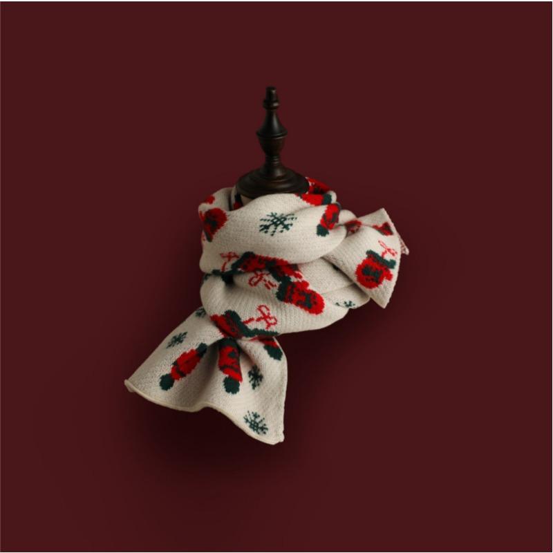 Versatile Christmas Knitted Wool Red Scarf Deer Elk Print Snowflake Warm Personality Couple Scarf Student