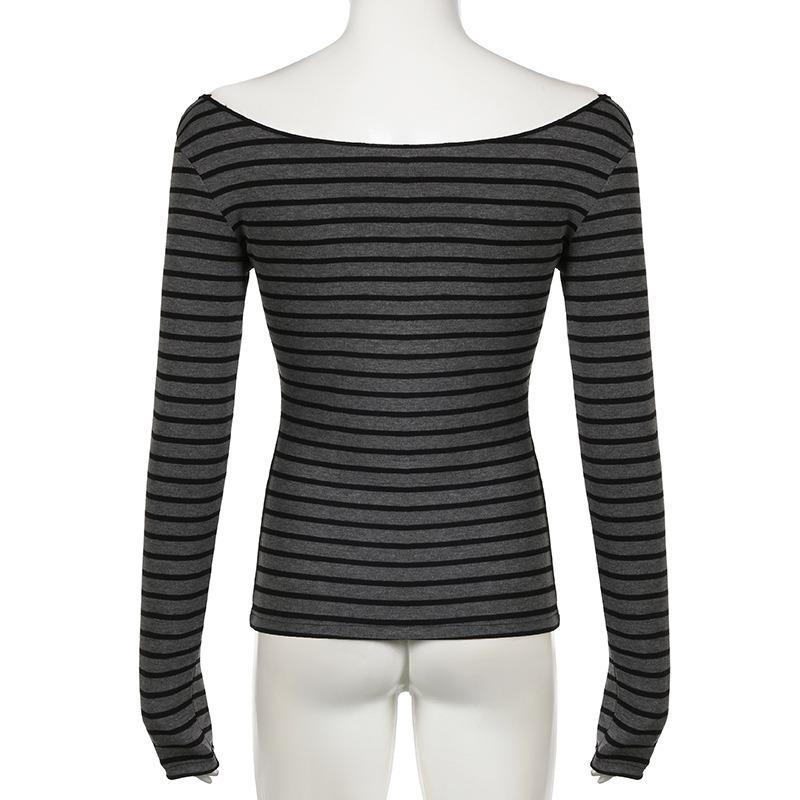 Women's Striped One-shoulder Long-sleeved Top Slouchy Wind Niche Hundreds of Light Cover-up Meat Thin T-shirt