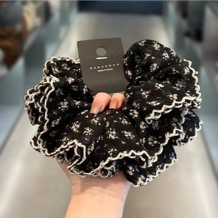 Vintage Black & White Floral Scrunchie Korean Style 4-Layer Ruffle Edge Hair Tie