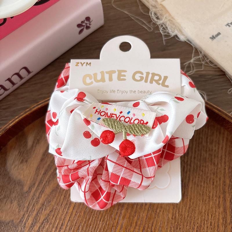 Red Scrunchies Cherry Plaid Girls Elastic Hair Bands Red Bow Polka Dot Heart Hair Rope Ties Ponytail Holder Rubber Band Headwear