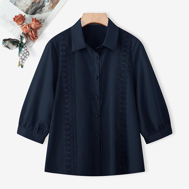 

ZANZEA Women Turn Down Collar 3/4 Sleeve Casual Splice Blouse темно-синього кольору