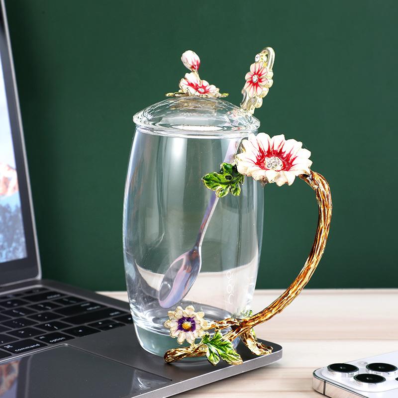 Creative Enamel Water Cup Spoon Set Home Luxury Glass Cup with Spoon with Lid Tea Cup Gift Box