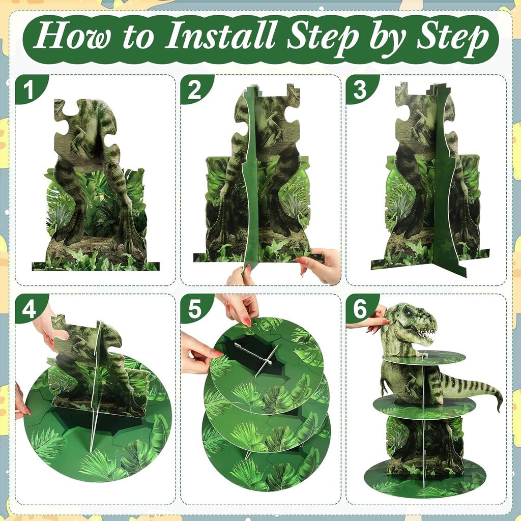 Censen 3 Tier Dinosaur Cupcake Stand Party Decorations 24 Pcs Dinosaur Figure Toys Cupcake Toppers Holder Dessert Tower for Boys Jungle Theme