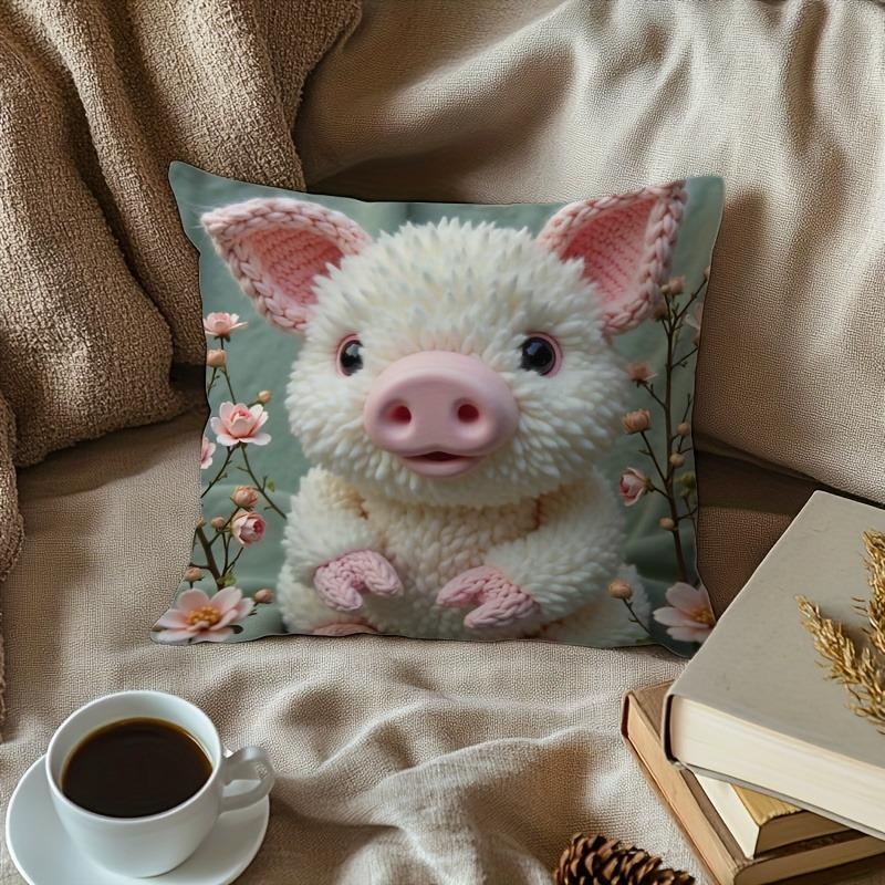 Adorable Fluffy Pig Pillow Cover With Pink Blossoms Sofa Cushion Cover, Home Room Dormitory Decoration, 2D Printing