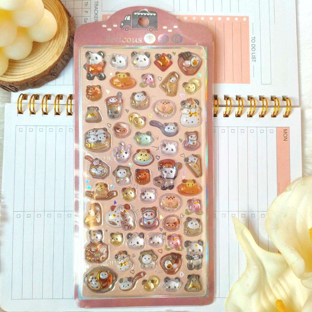 4pcs Children's Cartoon Fresh-style Reward Stickers - Dreamy Rabbit & Panda Crystal Embossed 3D Decorative Stickers for Journals