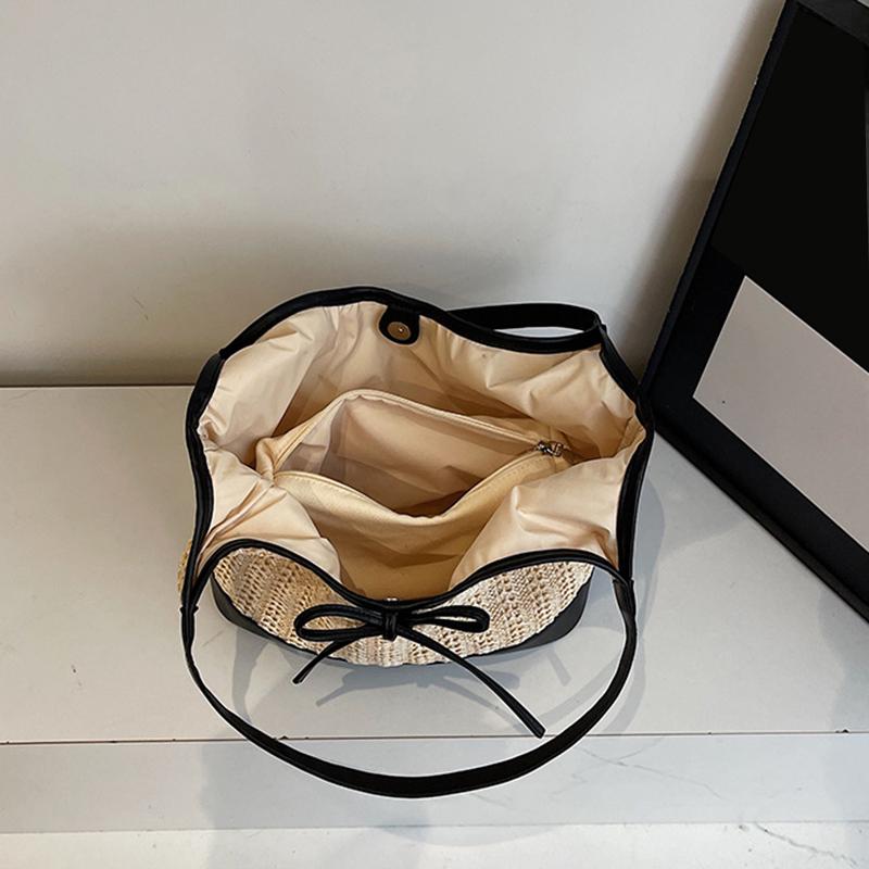 Women Straw Tote Handbag with Bow Weaving Travel Handbag Large Capacity Simple Shoulder Bag Female Woven Bag