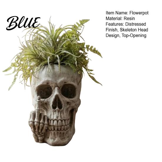 Resin Skeleton Decor Skull Planter with Middle‑Finger Gesture, Succulent Pot, Gothic Head Dark Aesthetic Gardening Flower Unique Desktop for Indoor