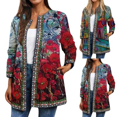 Vintage Etnische Print Lange Mouw Jas Cardigan Top voor Mode Dames