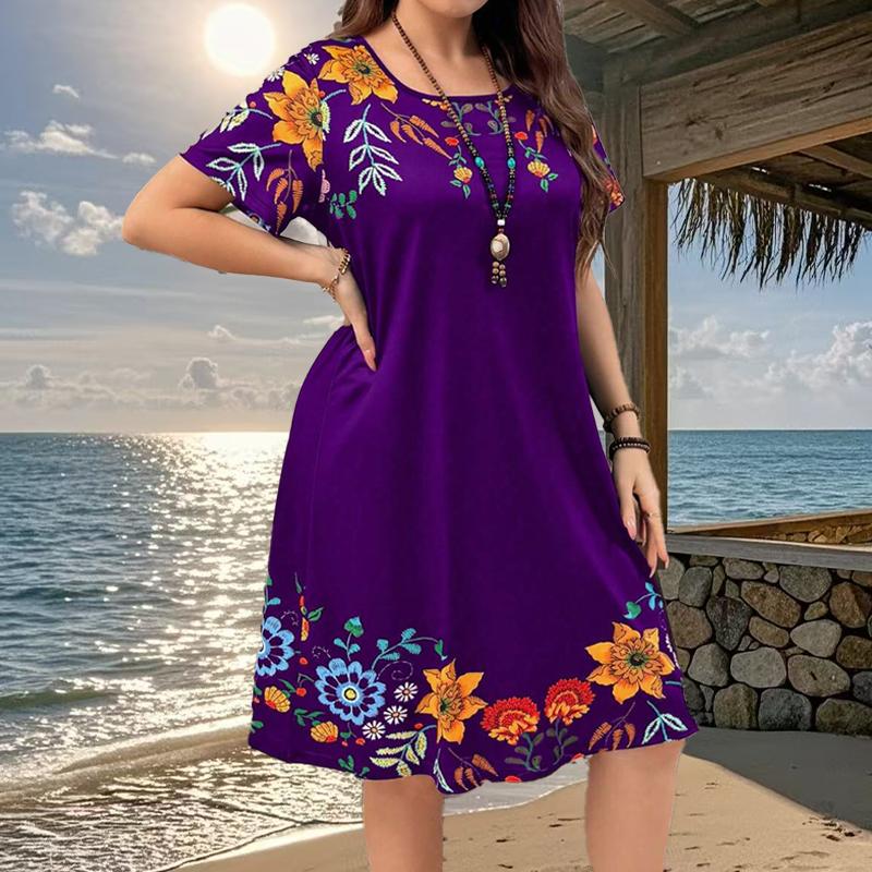 

Женская мода Изящные Ретро Платья с Цветочным Принтом Летние Весенние С Коротким Рукавом Круглый Вырез Повседневные 2XL фиолетовый