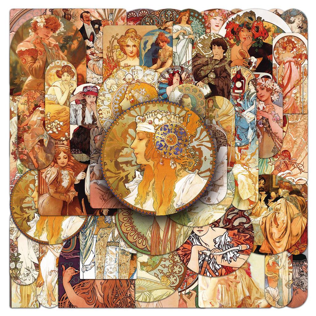 50 Autocolante Decorative Impermeabile: Arta lui Mucha pentru căni termoizolante și huse de telefon