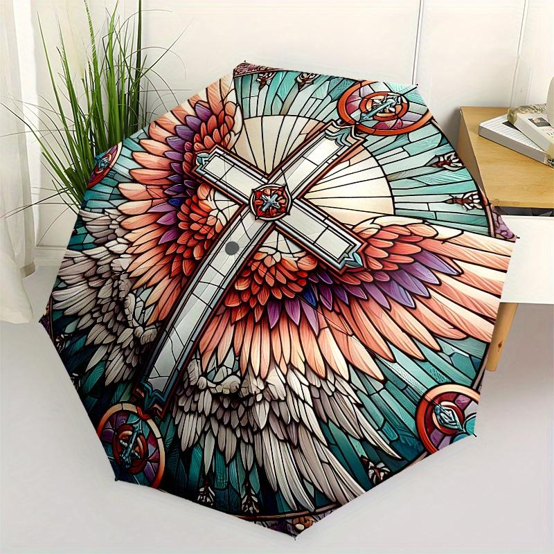 

Stained Glass Cross with Angel Wings Wall Art Decor Umbrella, Cute Umbrella with Cute Design, Portable 3-Fold Compact Umbrella for Men & Women, Valent