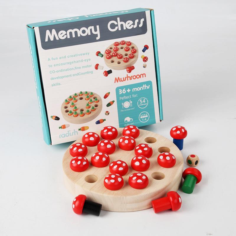 Wooden Mushroom & Radish Memory Chess Game - Educational Toy for Children s Early Learning