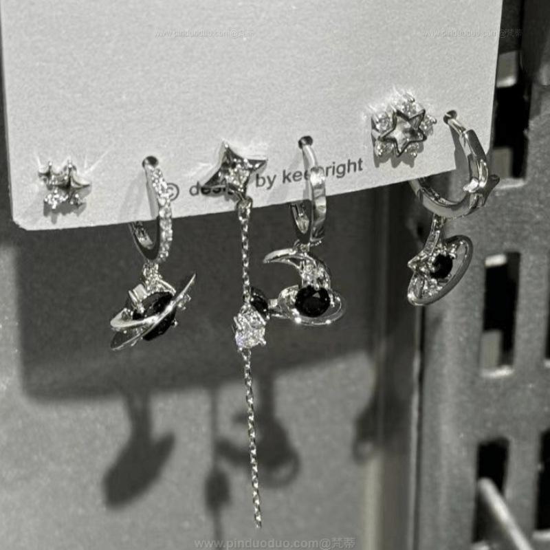 6pcs Set Personality Trend Dark Butterfly Heart Star Cross Tassels Zircon Stud Earrings for Women Hip-hop Rock Y2K Jewelry Gift
