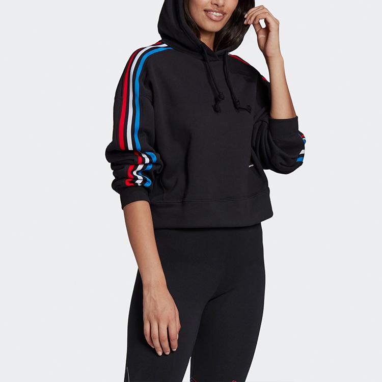 Adidas Originals Trefoil Sport Casual Hooded Pullover Knit Striped Sweatshirt Women Sweatshirt Black GN2853