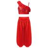 Girls Asymmetrical Shoulder Sequin Crop Top Satin Bloomers Pants Belly Dance Outfit