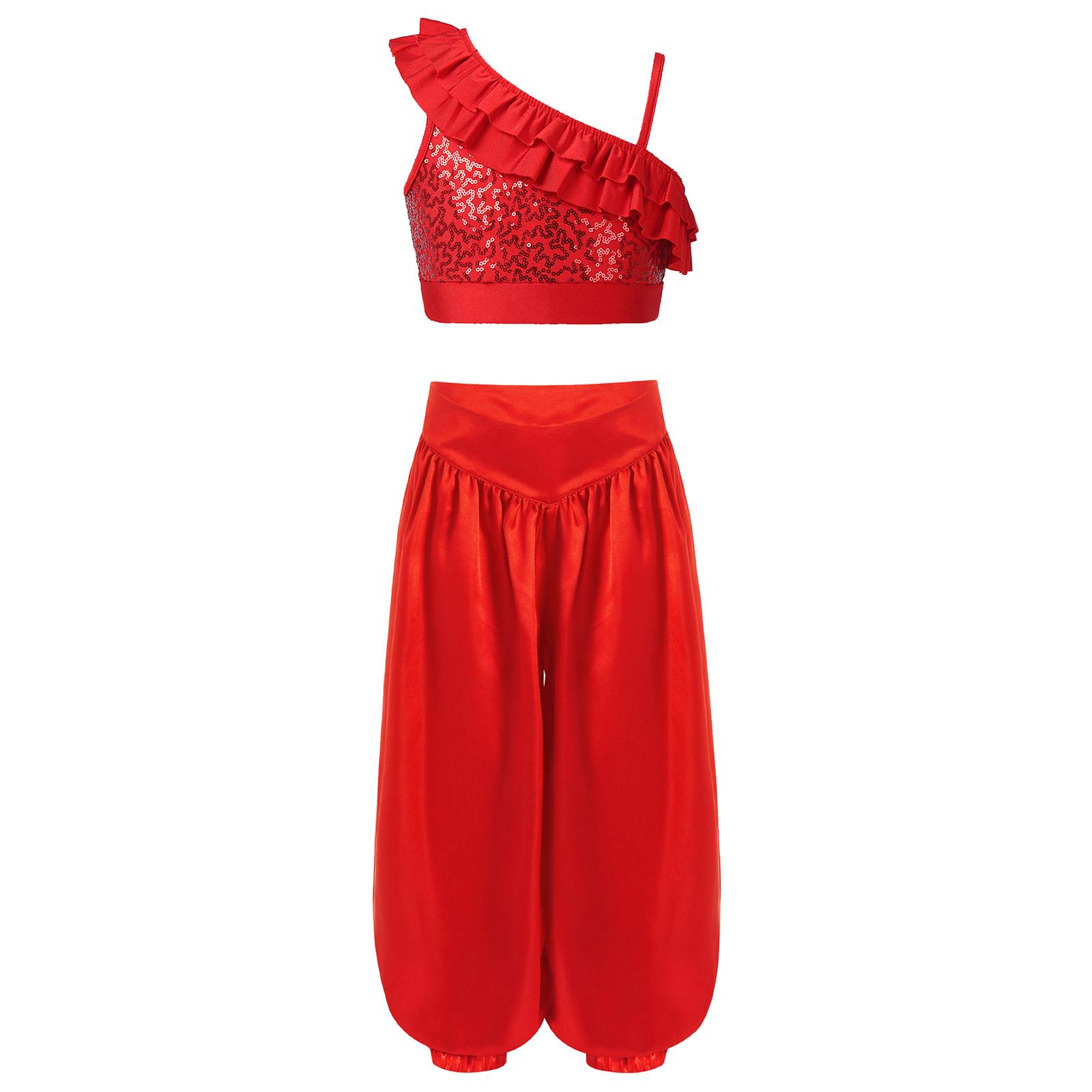 

Girls Belly Dance Outfit Asymmetrical Shoulder Straps Sleeveless Sequin Ruffle Crop Top Satin Bloomers Pants 5-6 Years червоний