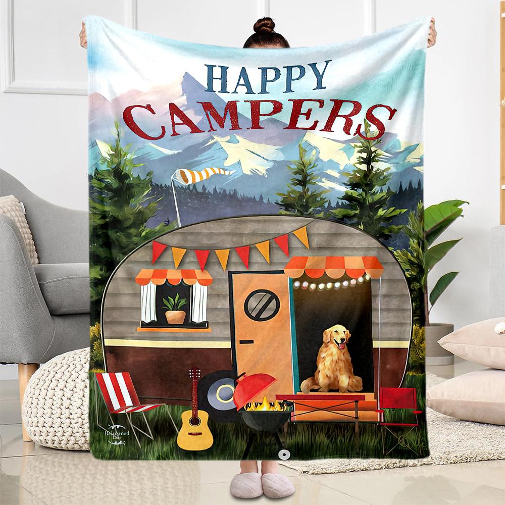 Happy Camper Adventure Blankets Are Suitable for Living Rooms,making Them an Ideal Choice for Outdoor Travel and Gifts.