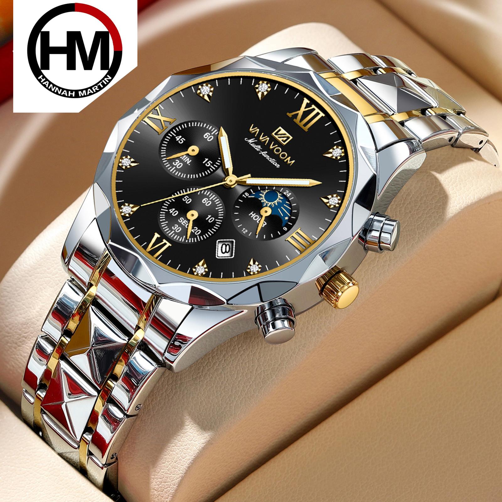 

Водонепроницаемые модные крутые мужские часы с заклепками, инкрустированные бриллиантами, мужские часы, светящийся хронограф, календарь, многофункциональные кварцевые мужские часы