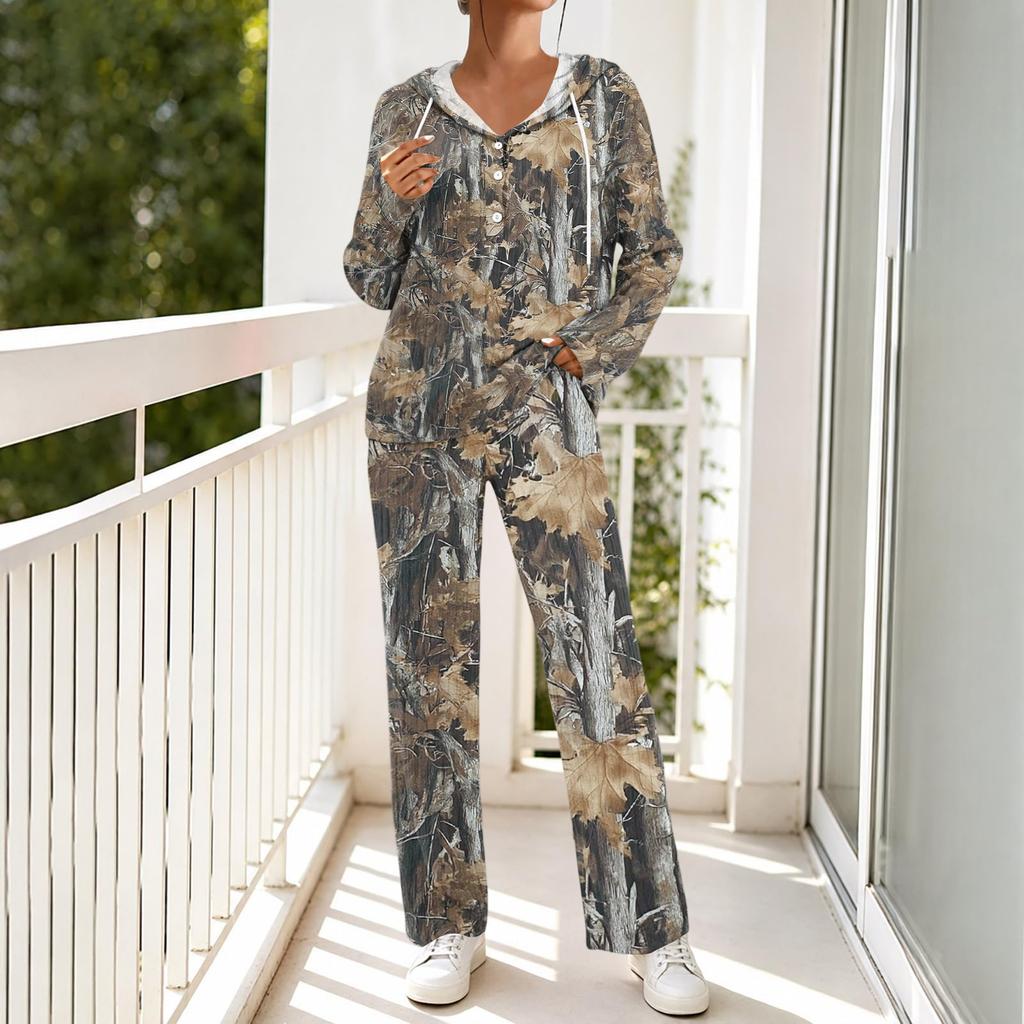 Women's V-Neck Print Long Sleeve Hooded Pajama Set with Pockets, Loose Fit Casual Wear