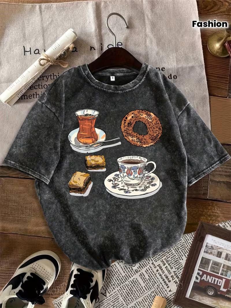 

Womens Fashion Fun Graphic Snowflake Tshirt A Cup of Tea Turkish Delight and Simit Vintage Washed Tshirts Round Neck Tops S