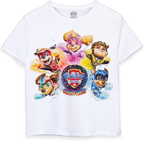 PAW PATROL The Mighty Movie Boys White T-Shirt | Join the Superhero Adventure | Authentic Merchandise Powerful Puppies 140