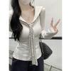 Contrasting Color Korean College Style Striped Tie Long-sleeved T-shirt Women's Early Slim Figure Slimming Chic Top