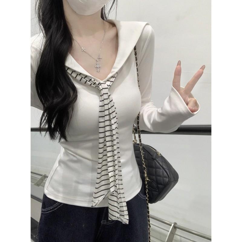 Contrasting Color Korean College Style Striped Tie Long-sleeved T-shirt Women's Early Slim Figure Slimming Chic Top