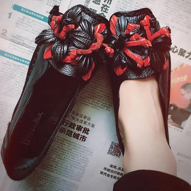 2025 Summer Genuine Leather Flats Women Soft Slip-On Flat Shoes Black Red Floral Mom Loafers Moccasin Lady Designer Shoes