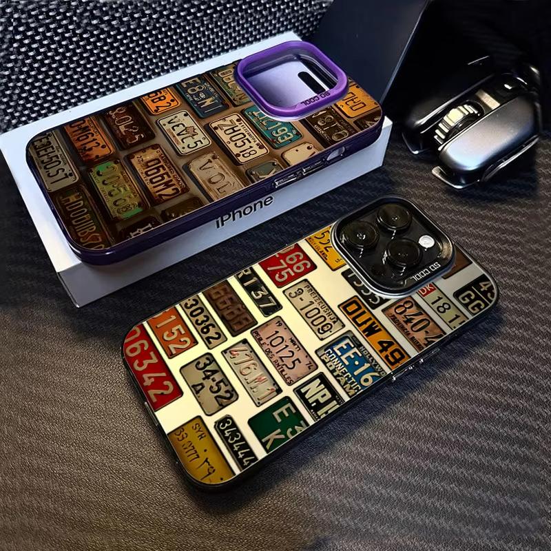 Motif Plaque d'immatriculation de voiture vintage Argent électroplaqué Coque de téléphone IMD Pour iPhone 11 12 13 14 15 16 Pro Max 7 8 Plus X XS XR Housse