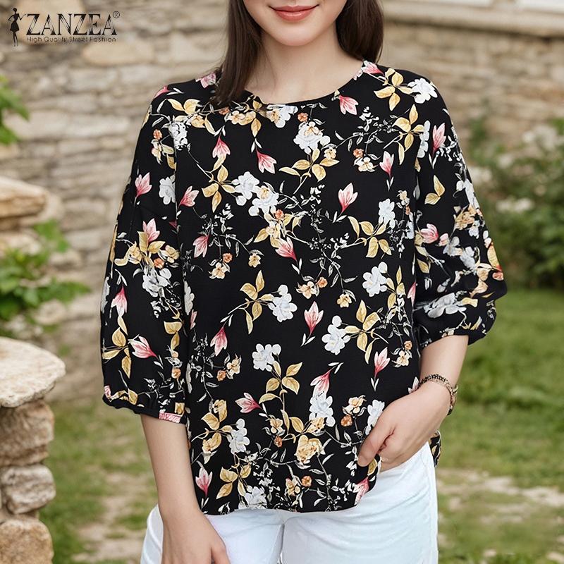 ZANZEA Blusa Estiva Casual da Donna a Girocollo a Maniche 3/4 Ampia con Stampa