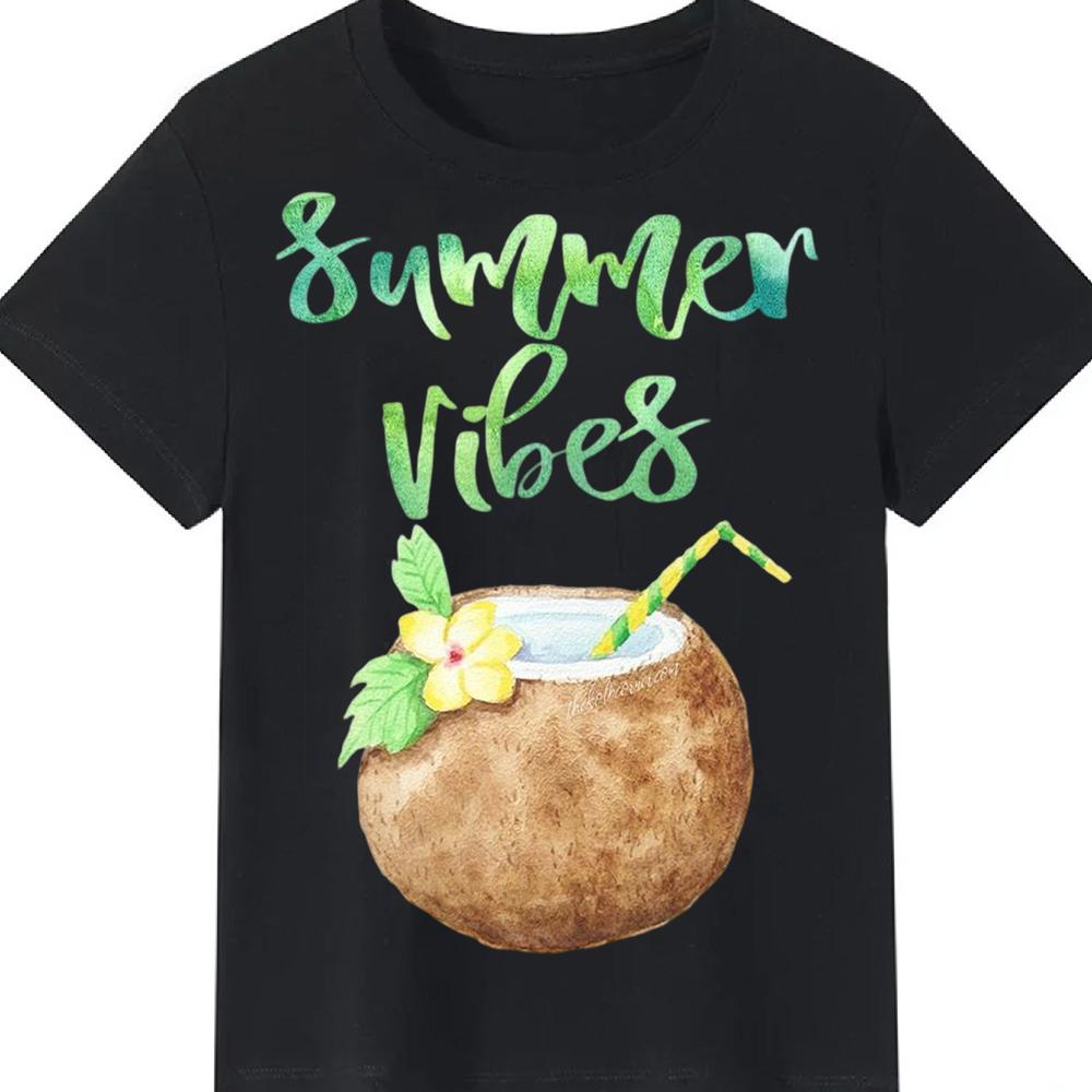Unisex Black Graphic Tee Watercolor Summer Fruits Print Watermelon Coconut Drink With Hello Summer Crew Neck Casual Short Sleeve TShirt