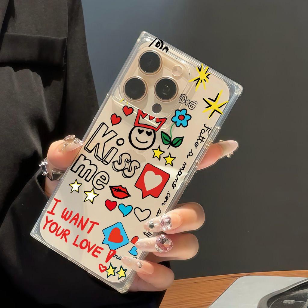 Clear Square Back Tube Case Protection For iPhone 15 Plus 12 13 16 ProMax 14 Pro Max 11 Anti-Oxygen,Love Heart English Pattern Casing