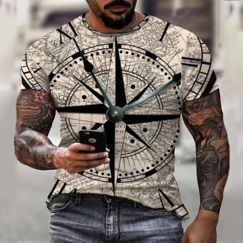 Summer Retro Compass T-shirt Men's 3D Printed T-shirt Fashionable Street Harajuku T-shirt Short Sleeved Oversized Top Men's Clothing