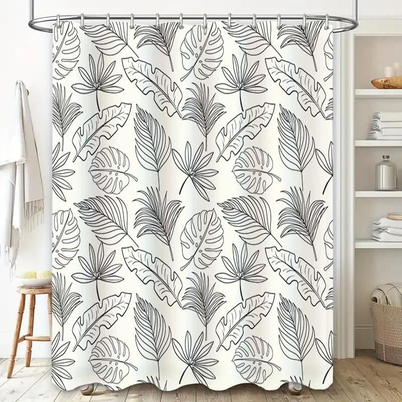Modern Bath Shower Curtain Set featuring Black Line Monstera Leaves Perfect for Bathroom Decor