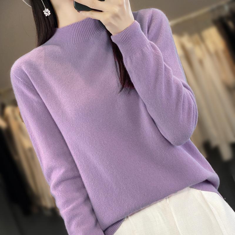 Women's Slimming Wool Sweater - Half High Neck, Long Sleeve, Loose Velvet Pullover, Versatile Knitwear for Autumn/Winter.