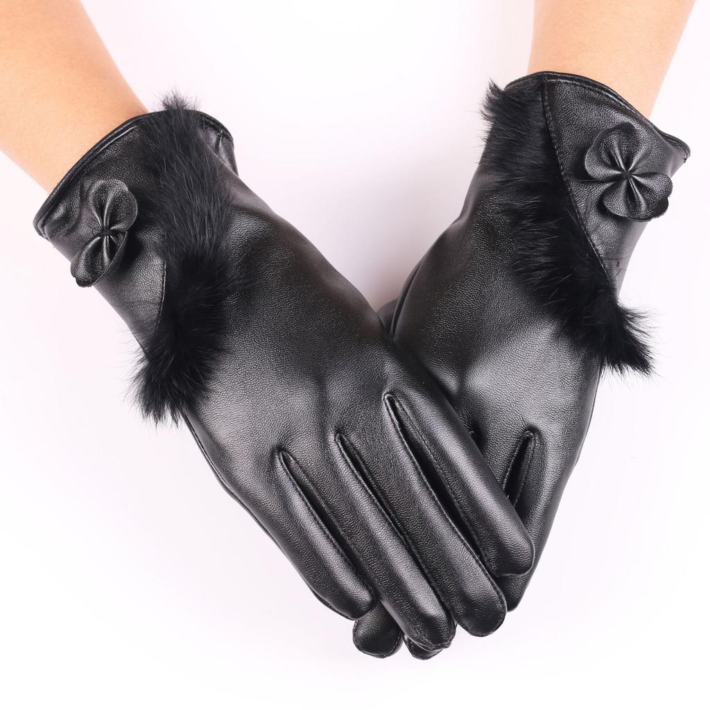 Women's PU Leather Touch Screen Gloves Imitation Leather Fashionable Warm Plus Velvet Cold Proof Women's Gloves Winter Riding Gloves
