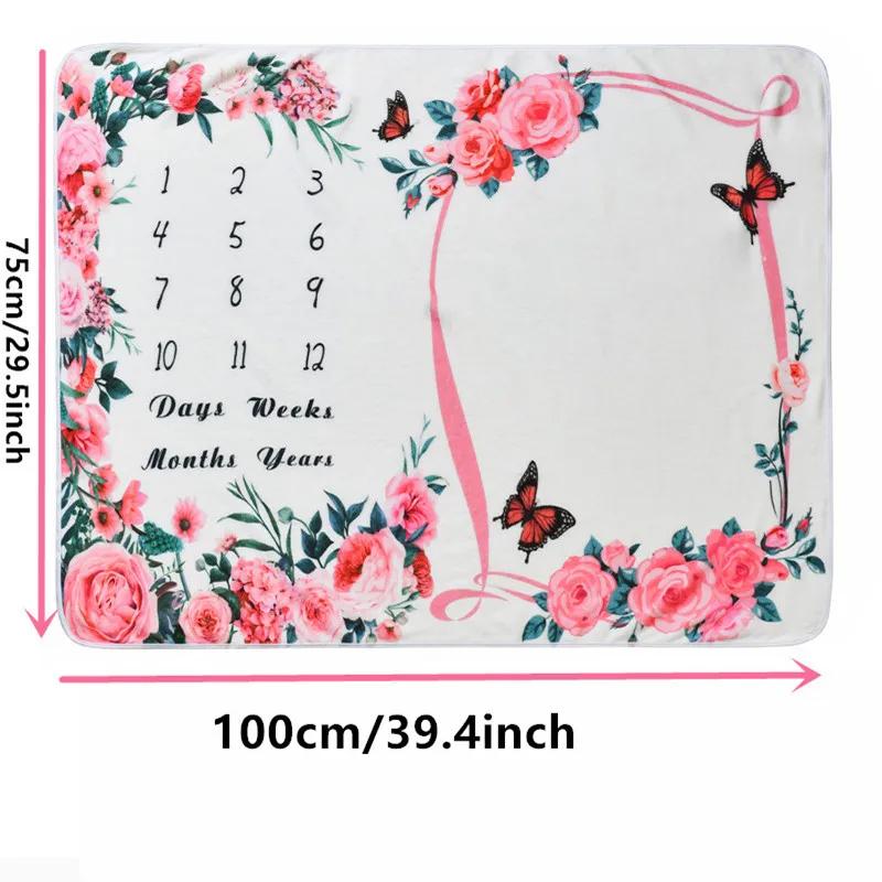 VIKAMA Baby Monthly Milestone Blanket, Newborn Growth Chart Calendar With Floral Frame, 100-Day Commemorative Photo Prop Blanket