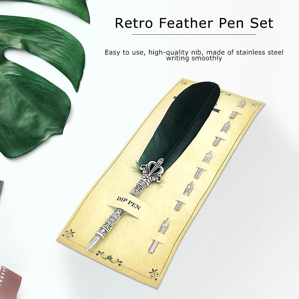 1 Set Vintage Feather Pen with 5 Pen-Nibs Oblique Pen Set Retro Calligraphy Feather Dip Pen Creative Birthday Holiday Gift Set