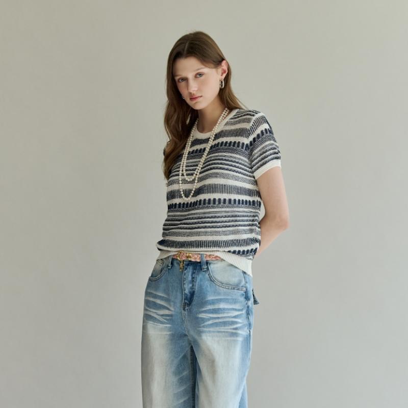 Maxza Mix Pattern Stripe Short Sleeve Knit