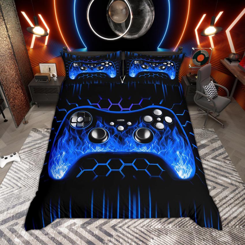 Homewish Pojkar Spelare Gaming Påslakan Set Neonlys Honungskaka Sängkläder Svart Vändbart Täckeöverdrag Set