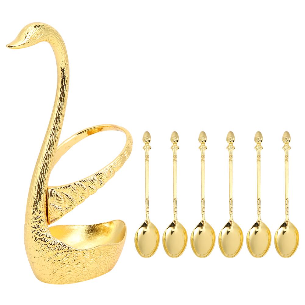 Zinc Alloy Swan‑Shaped Bracket Fruit Dessert Spoons Set Kitchen Tableware Wedding Supplies(Gold 6 Spoons )