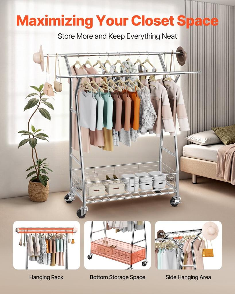 Clothes Rack, Rolling Clothing Garment Rack with 2 Hanging Rods and Storage Basket, 150 kg Load Capacity, Extendable Carbon Steel Clothing Racks with