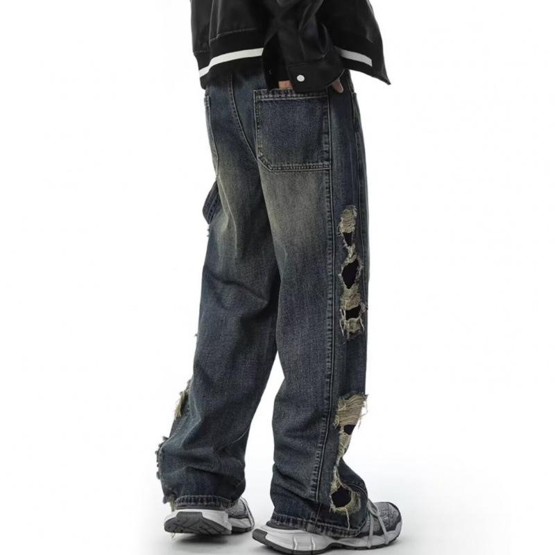 JYL Men s Straight Jeans American Vintage Washed Ripped Loose Wide-Leg Denim 2XL