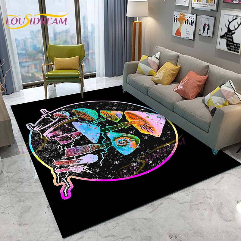 3D Starry Botanical Sun Moonlit Mushroom Rug Floral Hippie Moon Phase Carpet for Aesthetic Bedroom Living Room Vintage Game Mat