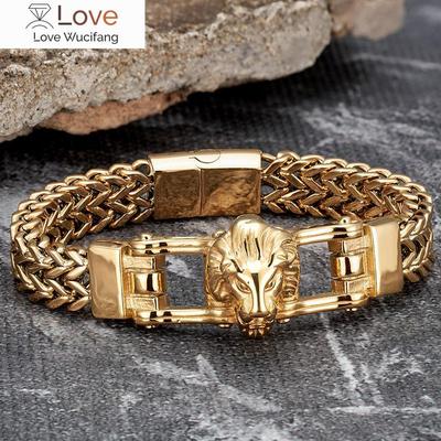 Stainless Steel Chain Bracelet Men Gold Lion Wolf Punk Hand Magnetic Fashion Wristband Jewelry Wholesale Friend Gift Accessories