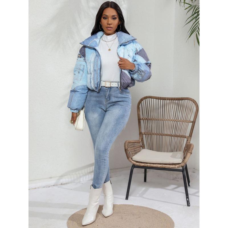 Winter Fashion Women's Short Denim Printed Cotton Jacket