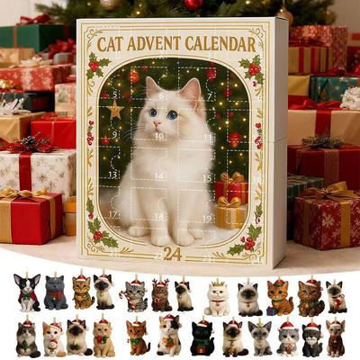 Katzen Adventskalender 2025 24 Tage Weihnachts-Countdown Mit 24 Verschiedenen Rassen 2D Acryl Niedliche Kätzchen Weihnachtsbaumschmuck