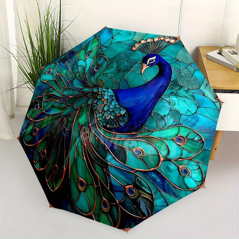 1pc Peacock Feather Compact Travel Umbrella, Automatic Folding Lightweight Windproof 8-Bone Reinforced Design, Portable for Backpack Durable